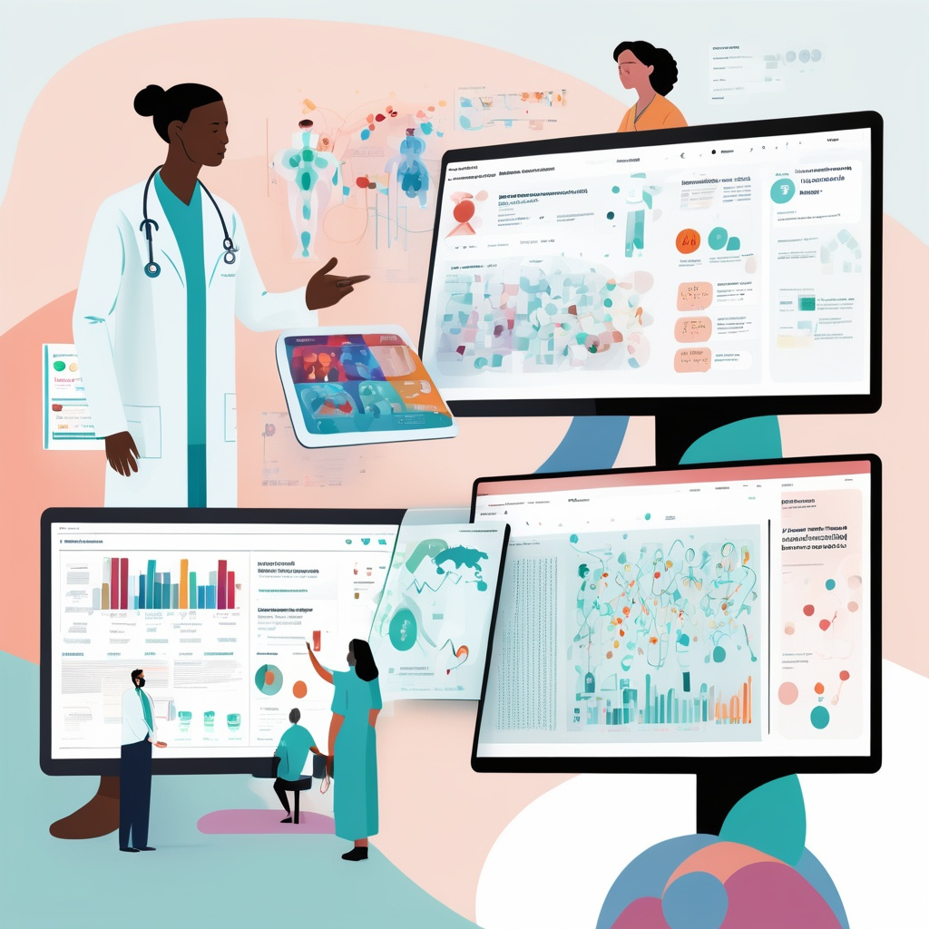 AI-powered healthcare analytics dashboard showing medical professionals analyzing health data visualizations